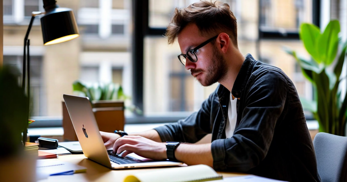 Creator at a desk in a London office working on content planning