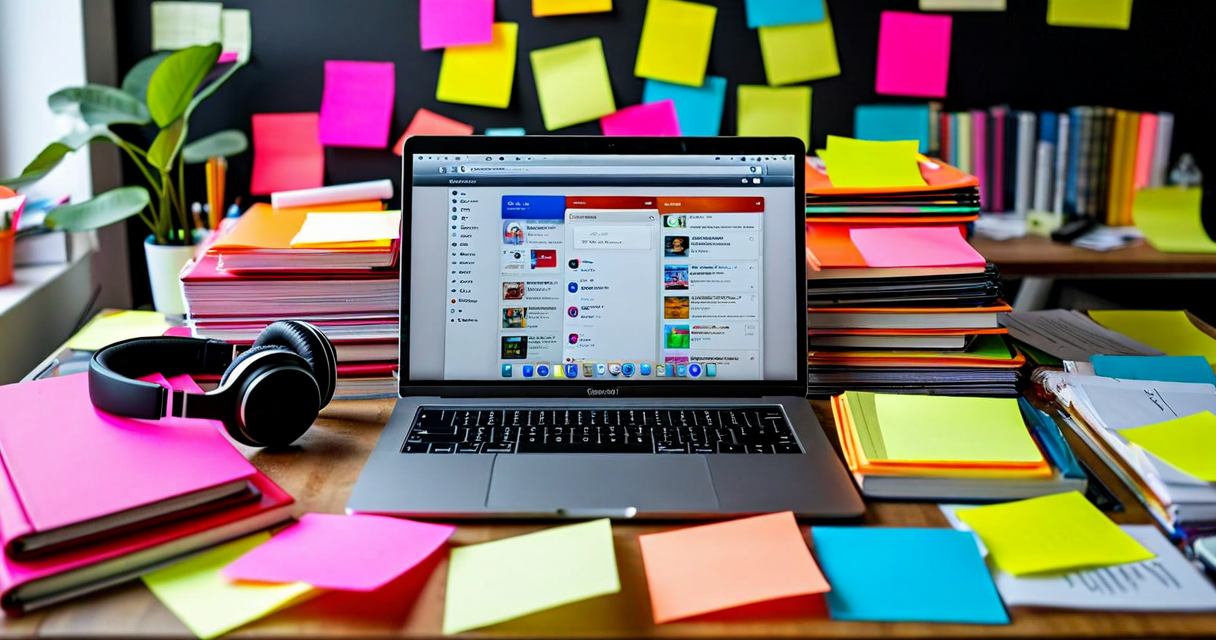 Messy desk with multiple browser tabs and sticky notes everywhere