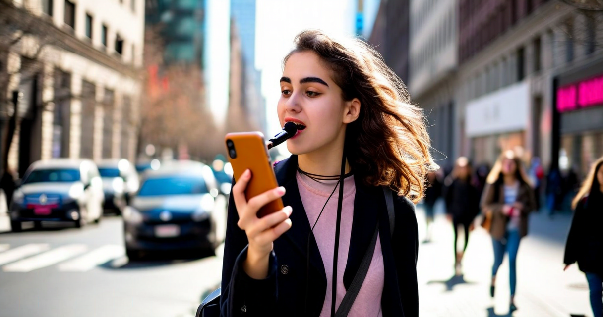 Creator recording a voice note on phone outdoors